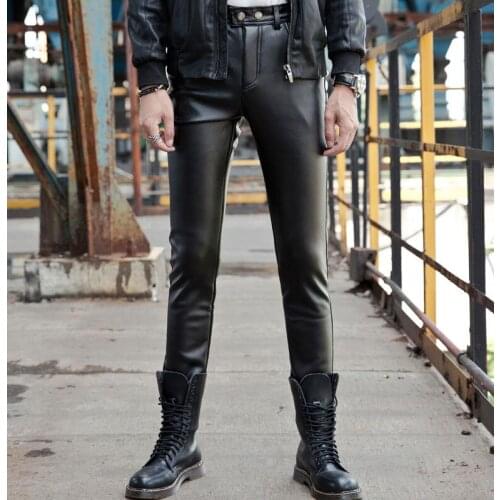 Autumn winter fashion motorcycle faux leather pants mens feet pants pu trousers for men pantalon homme plus velvet thickening