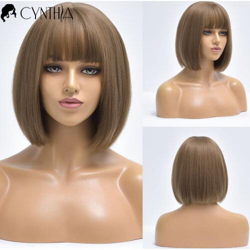 Brown Straight Short Nutural Daily Hair Synthetic Wigs For White Women With Bangs Heat Resistant Cosplay Female Fiber Bob Wig