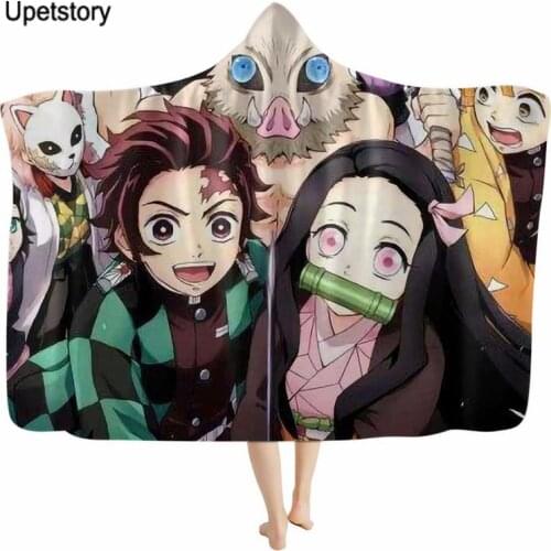 Upetstory Anime Demon Slayer Printed Plush Fleece Hooded Blankets Warm Blankets for Beds Sofa Soft Wearable Double layer Blanket