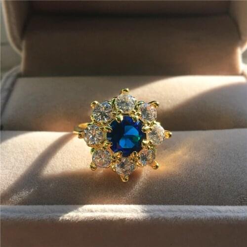 Luxury Female Blue Round Stone Ring 18KT Yellow Gold Zircon Wedding Ring Promise Love Engagement Rings For Women
