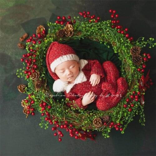 Christmas long sleeved jumpsuit and Santa hat set Knitted Crochet Mohair Baby girl Romper and bonnet set Photography props