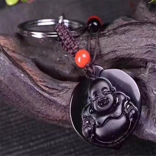 Handwork Natural Black Obsidian Carved Buddha God of Fortune Amulet Lucky Pendant Necklace Fashion Jewelry