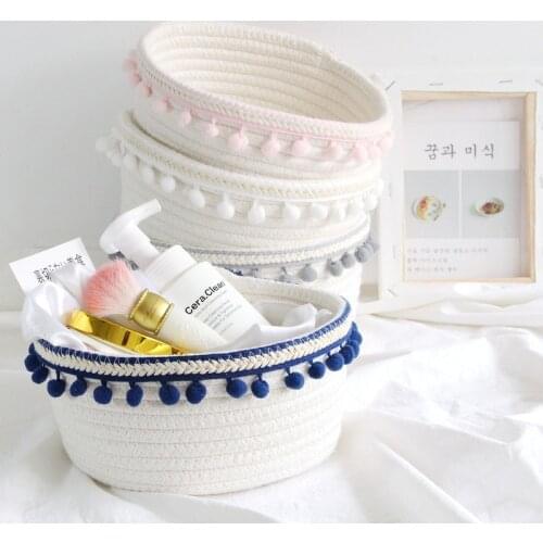 Nordic Handmade Cotton Rope Storage Baskets Woven Desktop Sundries Organizer Bag with Pompom Toy Cosmetics Home Organization