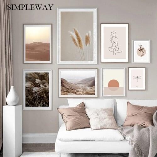 Scandinavia Desert Nature Sunset Landscape Poster Modern Line Drawing Abstract Wall Art Print Painting Nordic Decoration Picture