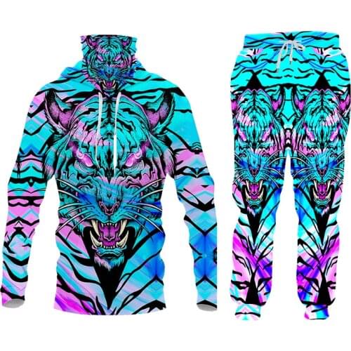 UJWI New Mens 3D Print Colorful Tiger 2-pcs Suit Unisex Hoodie Mask Hoodie Sets Man Autumn Winter Tracksuit Set Pattern Custom