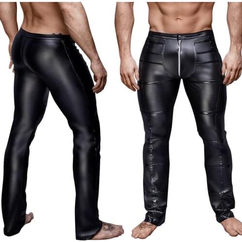 Wetlook Black Mens Faux Leather Zipper Crotch Tight Pants Legging Trousers Clubwear Gothic Punk Pants for Men Slim Party Clothes