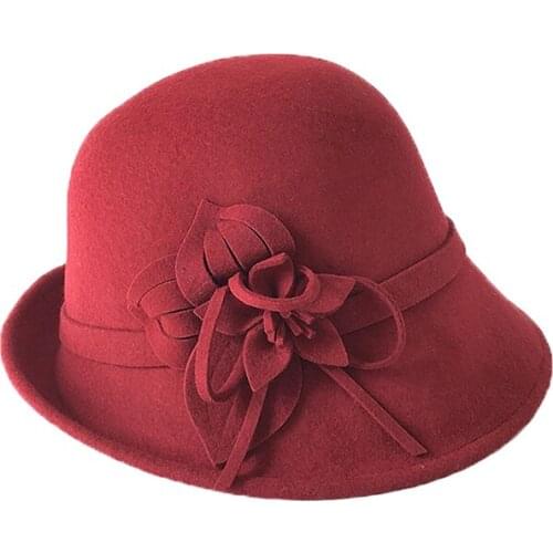 Lady Fedoras Wool Hat Female Elegant Flower Wool Hats Female Autumn and Winter Dome Cap British Woolen Basin Hat B-8790
