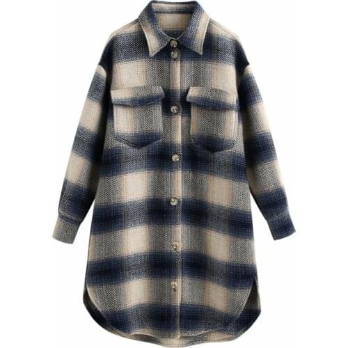 Nice Vintage Woman Oversized Plaid Patchwork Long Woolen Coats Autumn Winter Vogue Ladies Soft Outerwear Female Casual Jackets