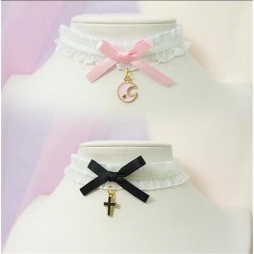 Sweet cross pendant bownot Choker Harajuku Cute Lolita Ribbon Chain Cosplay Women Necklace B972