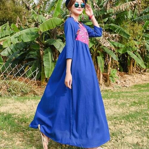 2021 New Spring Autumn Cotton Linen Vintage Floral Embroidery Woman Dress Vestido De Mujer Retro Robe Dresses For Women TA2416