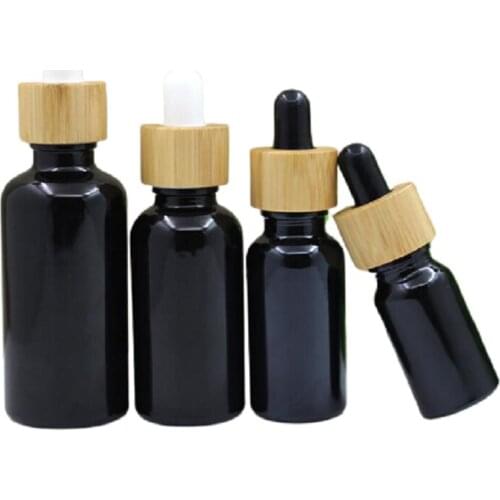 5ml 10ml 15ml 20ml 30ml 50ml 100ml Empty Shiny Black Glass Bottle Bamboo Wood Ring Rubber Dropper Refillable Essential Oil Vials