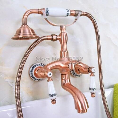 Antique Red Copper Clawfoot Bath Tub Faucet Mixer Tap Telephone Hand Held Shower lna315