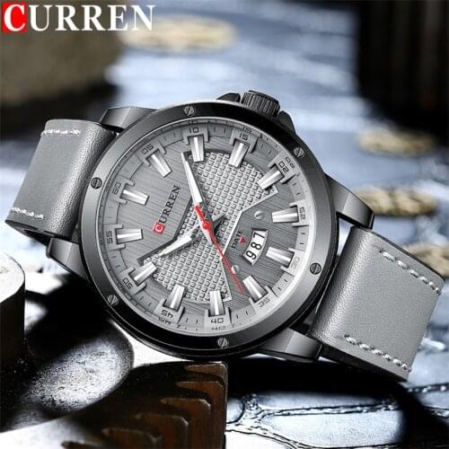 CURREN Fashion Sport Men Watch Top Luxury Brand Grey Military Waterproof Male Clock Genuine Leather Quartz Man Wristwatch 8376