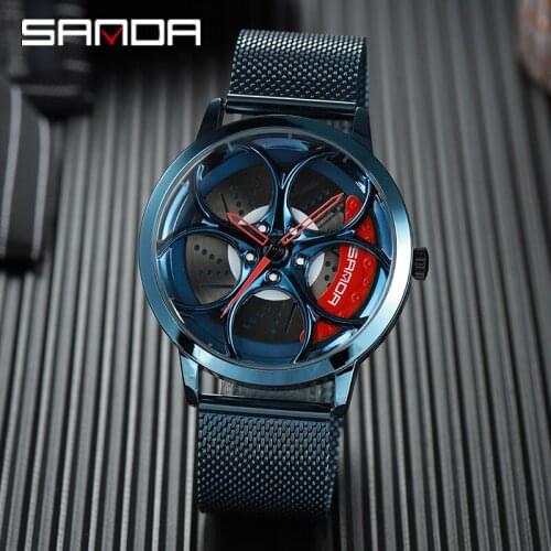 SANDA Car Wheel Dial Mens Watch Mens Black Waterproof Watch Stainless Steel Mens Quartz Watch Relogio Masculino P1070