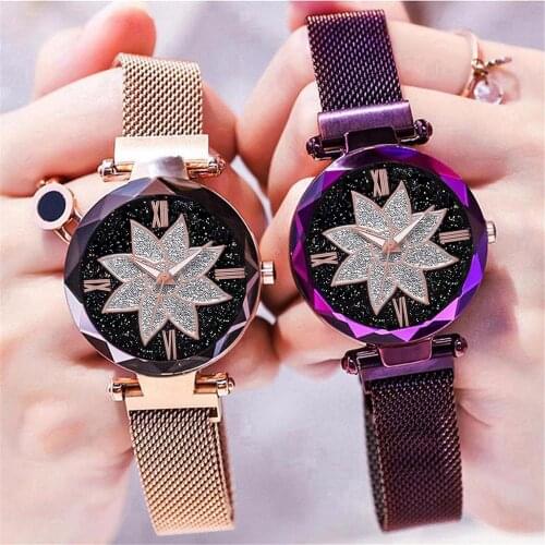 Hot Selling Women Magnet Buckle Starry Sky Flower Watch Luxury Ladies Stainless Steel Quartz Watch Clock Relogio Feminino