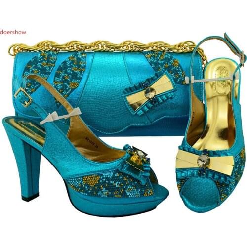 Doershow African Sets blue Color African Women Italian Shoe and Bag Set Decorated with Rhinestone Nigerian Shoes and Bag!HSK1-9