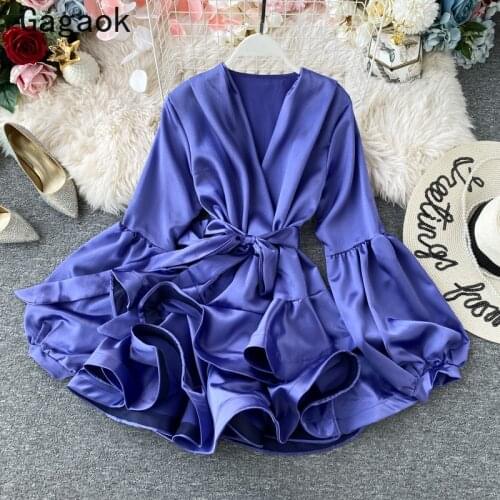 Gagaok Dress Women 2021 Spring Autumn New Solid Ruffles High Street Lantern Sleeve Mini Dresses Fashion Wild Vestido Feminino