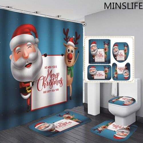 Merry Christmas Santa Elk Pattern Bathroom Shower Curtain Set Toilet Cover Mat Non Slip Rugs Holiday Party Blue Home Decoration