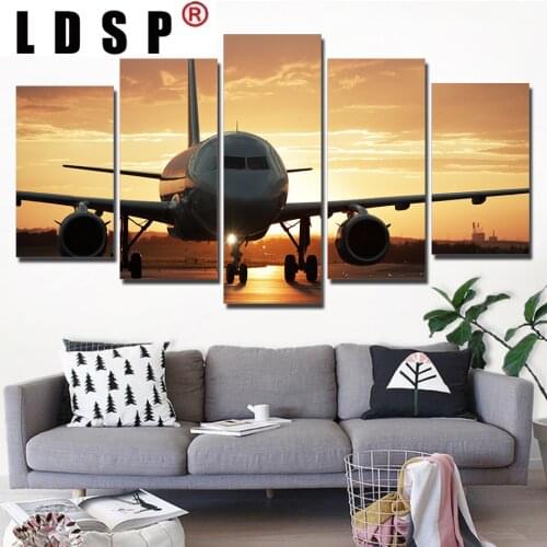 LDSP 5 Panels Canvas Painting Golden Sunset Airplane Pictures Modular HD Prints Wall Art Posters For Living Room Home Decor