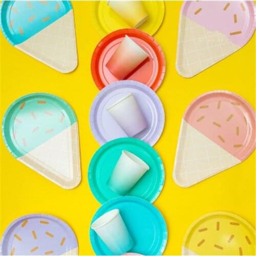 40pcs/set Disposable Tableware Set Ice Cream Shape Paper Plate Paper Cup Table Atmosphere Setting Supplies Party Decoration