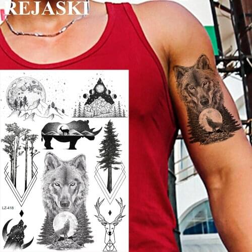 REJASKI Moon Star Rhinoceros Temporary Tattoos For Kids Wolf Fake Tatoo Sticker Mountain Tree Tatoos Black Men Large Arm Tattoo