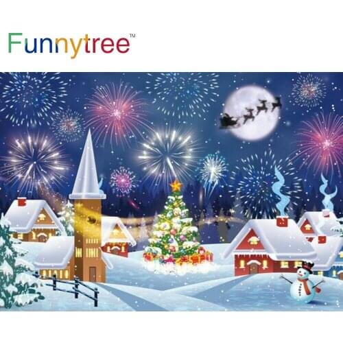 Funnytree Merry Christmas Backdrop Snowy Night Santa Claus Christmas Tree Fireworks Snowman Moon Decoration Banner Background