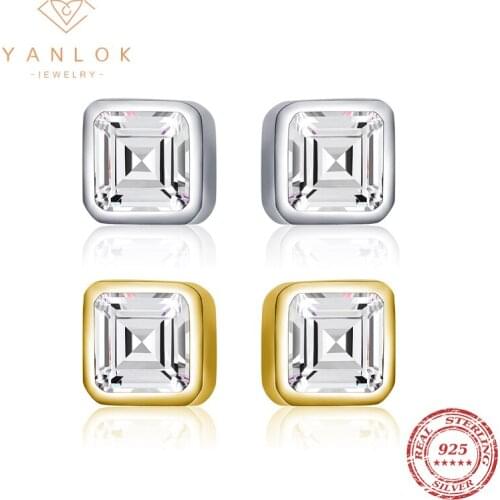 YANLOK Genuine 925 Sterling Silver Classic Emerald Cut Shining Clear CZ Small Stud Earrings For Women Wedding Jewelry Bijoux