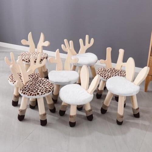 Kids Stool Solid Wood Chair for Children Cartoon Deer Rabbit Non-slip Bench Foot Stool Kindergarten School Home Kids Furniture