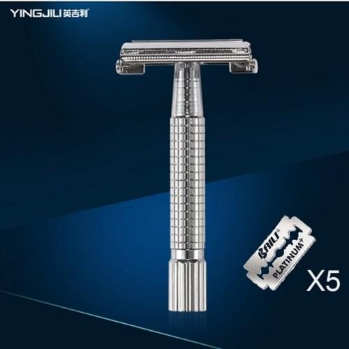 2017 YINGJILI Manual Chrome Long Handle Mens Barber Shaving Safety Blade Razor Classic Stainless Shaver +5 Blades