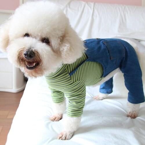 Pet Dog Jumpsuit Thin Pure Cotton Puppy Clothes Striped Denim Dungarees Overalls Pajamas For Small Dogs Chihuahua Poodle Wearing
