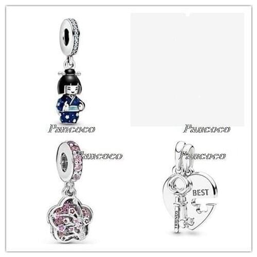 925 Sterling Silver Bead Pave Peach Blossom Flower Charm Fit Pandora Women Bracelet & Necklace Diy Jewelry