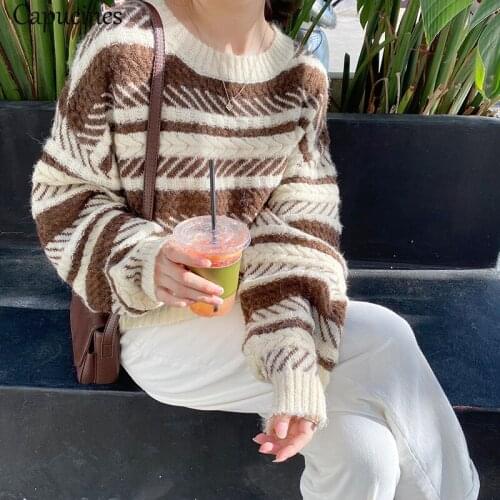 Capucines Mohair Stripe Lazy Loose Sweater Women Jumpers Drop Shoulder Long Sleeve O neck Pullovers Casual Winter Clothes 2020