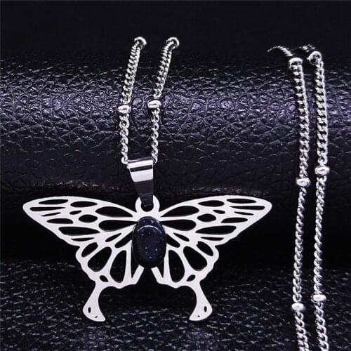 Bohemian Butterfly Natural Stone Stainless Steel Necklace for Women Silver Color Chain Necklaces Jewelry bijoux femme N970S04