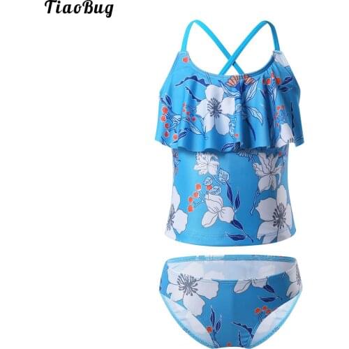 TiaoBug Summer Kids Girls 2Pcs Bikini Ruffle Neck Spaghetti Shoulder Straps Criss Cross At Rear Floral Pattern Swimsuit Swimwear