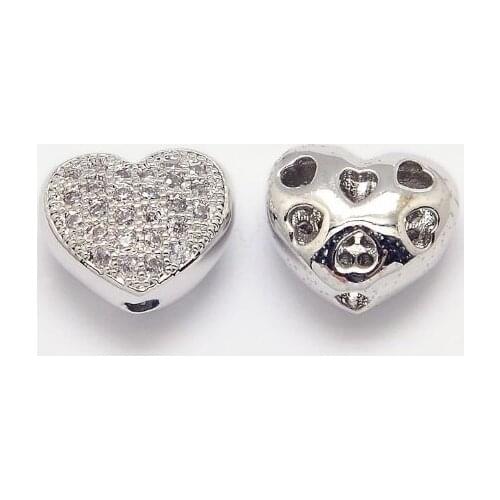 20pcs Brass Micro Pave Cubic Zirconia Hollow Beads Metal Heart Beads for Jewelry Making Golden Color, 8x9x5mm, Hole:1mm