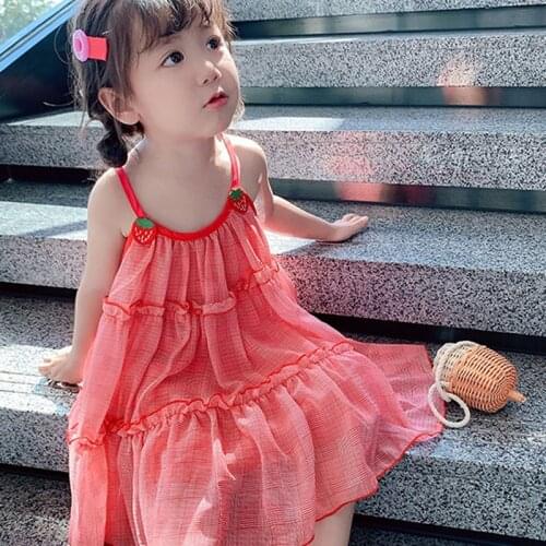 Summer Girls Dress Sweet Strawberry Net Yarn Suspender Dress Baby Kids Clothes ChildrenS Clothing