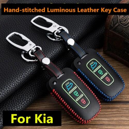 Luminous Leather Keychain Pouch For Kia Sportage K2 K5 Sorento Sportage R Soul Cadenza Leather Key Case 3 Button Leather Car Key