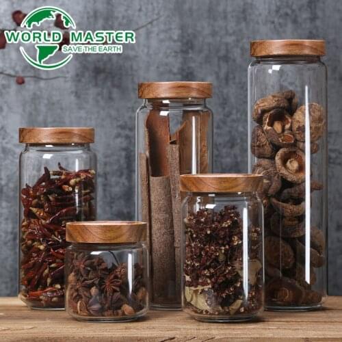 Wood Lid Glass Airtight Kitchen Storage Bottles Jars Food Tea Coffee Beans Grains Candy Containers