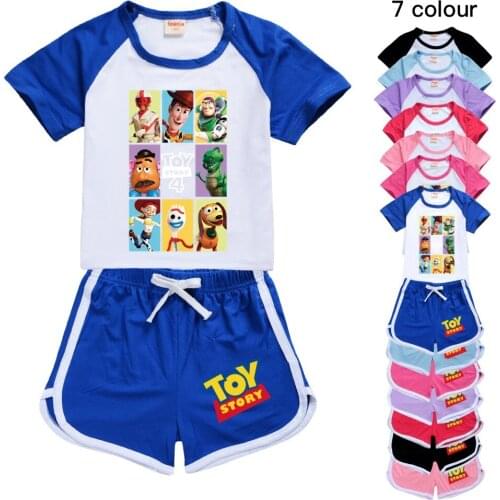 New Disney Cartoon Pixar Toy Story Buzz Woody Baby Boy Girl Summer Short Sleeve T-shirt+Shorts Kids Cotton Sport Clothing Sets