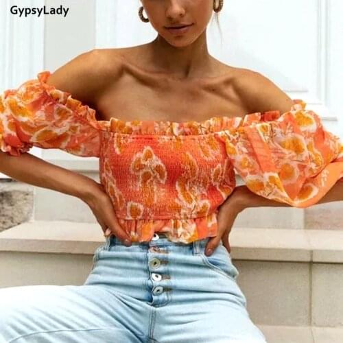 GypsyLady Orange Off The Shoulder Cropped Blouse Summer Floral Printed Holiday Casual Chic Women Blouse Elastic Sexy Ladies Top