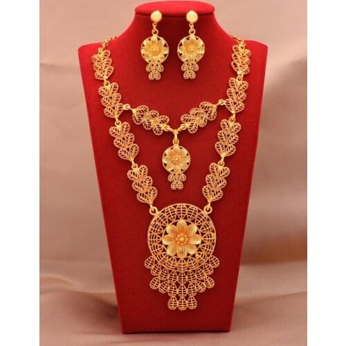 Indian 24K gold plated filled big necklaces earrings jewelry set bridal gifts Ethiopia jewellery sets for women