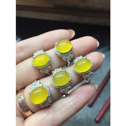 Natural yellow chalcedony gem Ring Natural gemstone ring S925 sterling silver trendy Personality Bow women girl gift Jewelry