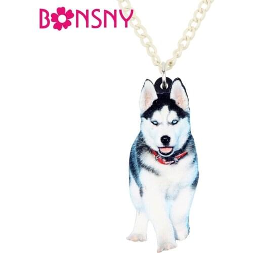 Bonsny Acrylic Novelty Siberian Husky Dog Necklace Pendant Chain Choker Cartoon Animal Jewelry For Women Girl Kid Accessory Gift