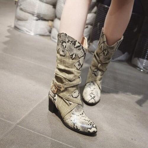 PXELENA 2018 New Autumn Winter Mid Calf Boots Women Slouch Square Chunky Block High Heels Western Motorcyle Riding Boots