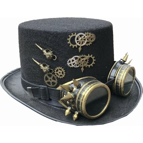 Steampunk Black Top Hat Gear Feather Goggles Fedoras