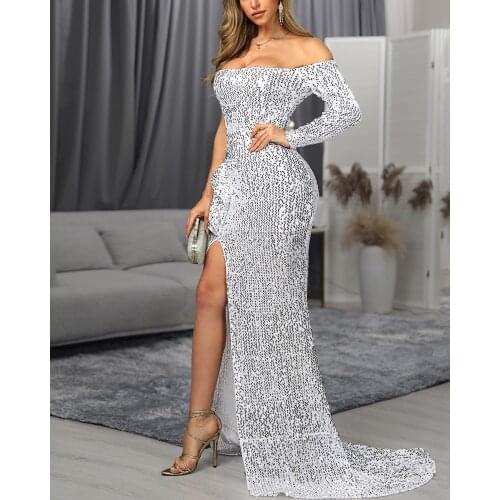 Silver Sequin Mermaid Off the Shoulder Long Dresses with Slit Long Sleeve Shiny Party Dresses