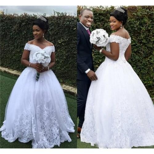 African Black Girls Ball Gown Wedding Dresses Sequined Off Shoulder Beads Lace Applique Wedding Gowns Backless Bridal Gowns