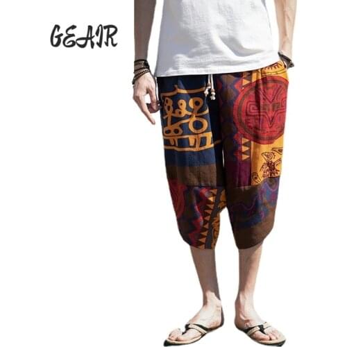 Bohemian Print Plus Size Mens Chinese Loose Cotton Linen Shorts Ethnic Style Retro Casual Capri Pants For Men Summer Streetwear