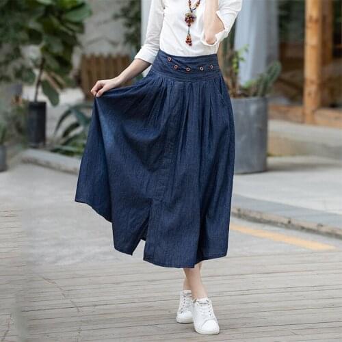 SHERAN Plus Size 6XL Denim Skirts Women Casual Maxi Skirt High Waist Elasticity Pleated Jeans Friction Long Skirts Jupe Femme