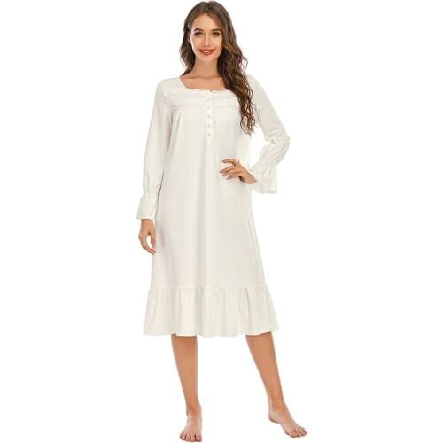 Leisure Loose Night Sleep Dress Women Nighties for Home Sexy Lingerie Long Sleeve White Lace Nightdress Femme Homewear 2020